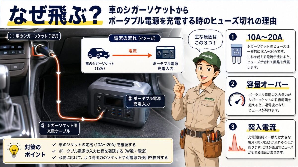 シガーソケット充電でヒューズが飛ぶ原因を電流の流れで説明した画像