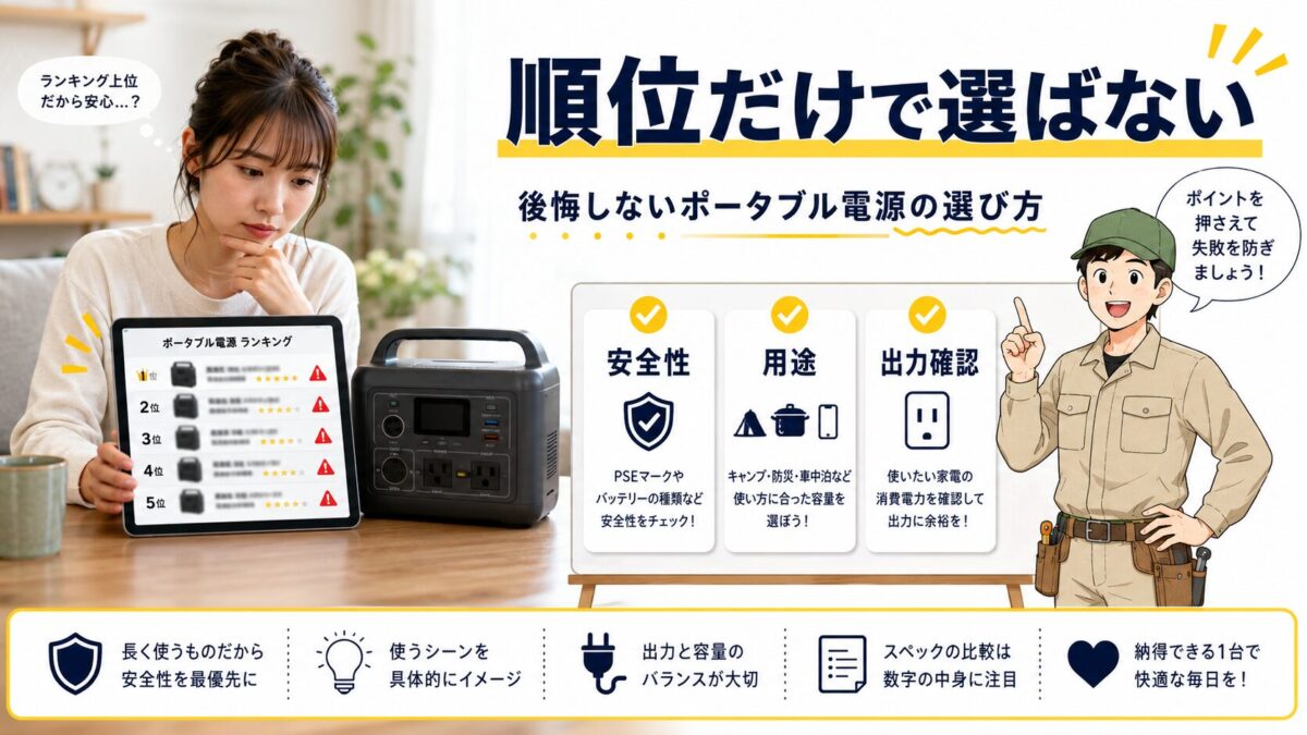 ポータブル電源ランキングで安全性や用途別の選び方を比較するポタ子の画像