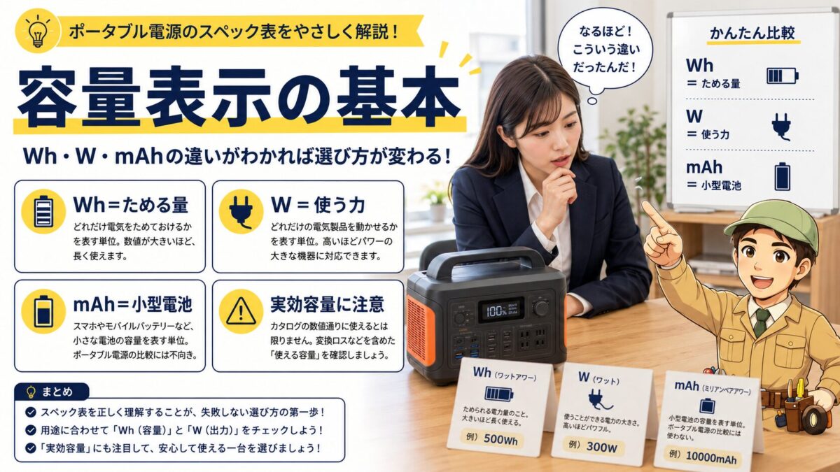 ポータブル電源のWh・W・mAhなど容量表示の基本を整理した画像