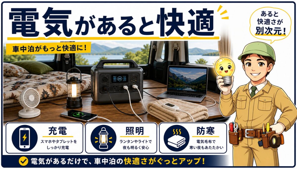 車中泊でポータブル電源が役立つ使い道を説明した図解画像