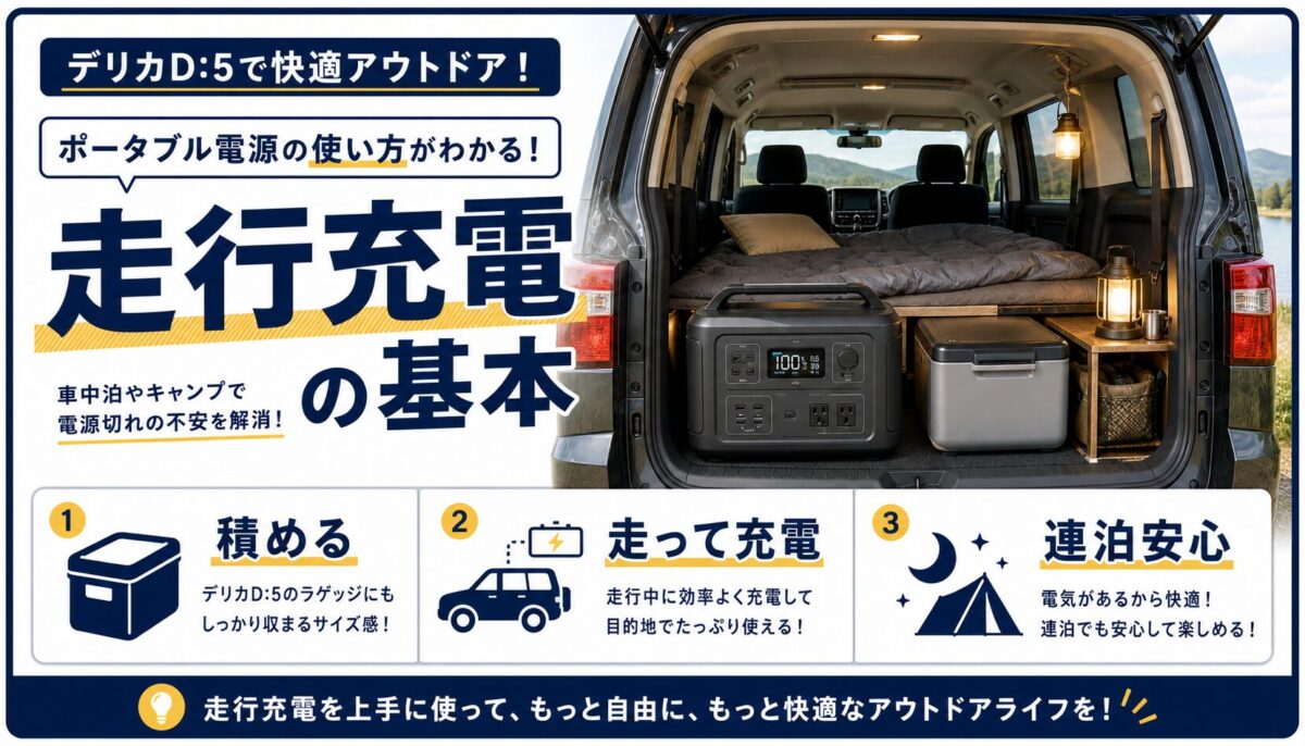 デリカD5でポータブル電源を活用する基本を説明した画像