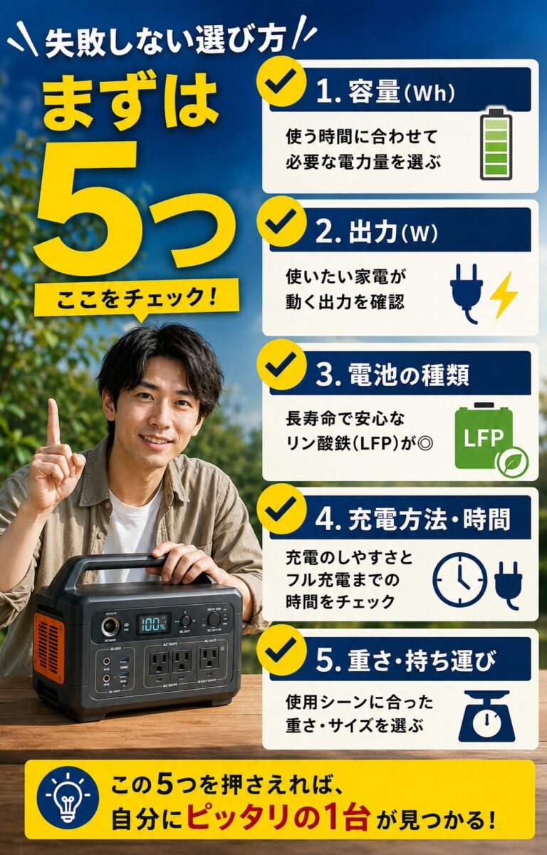 ポータブル電源選びで確認すべき容量・出力・電池・充電・重さの5項目を示した図解