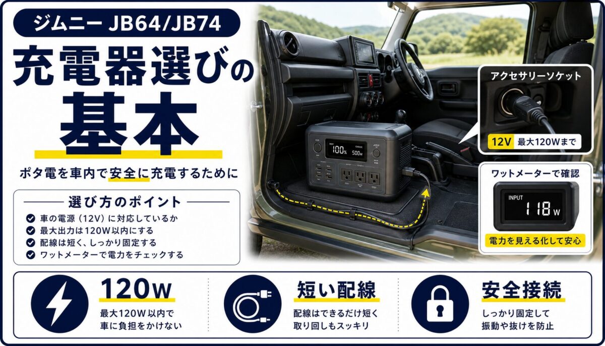 ジムニー車内で充電器を選ぶ基本を説明した画像