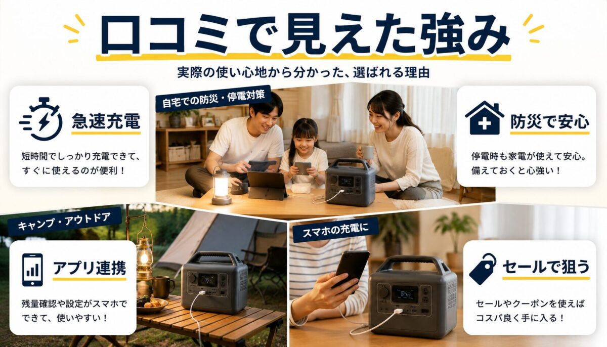 Ankerポータブル電源の口コミで多い強みを使用シーンで説明した画像