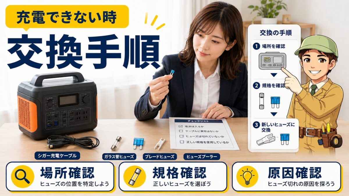 ポータブル電源のヒューズ交換と充電できない時の確認手順を説明した画像