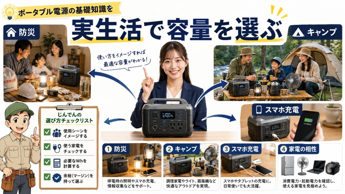 ポータブル電源の容量を防災やキャンプなど実生活に当てはめて考える画像