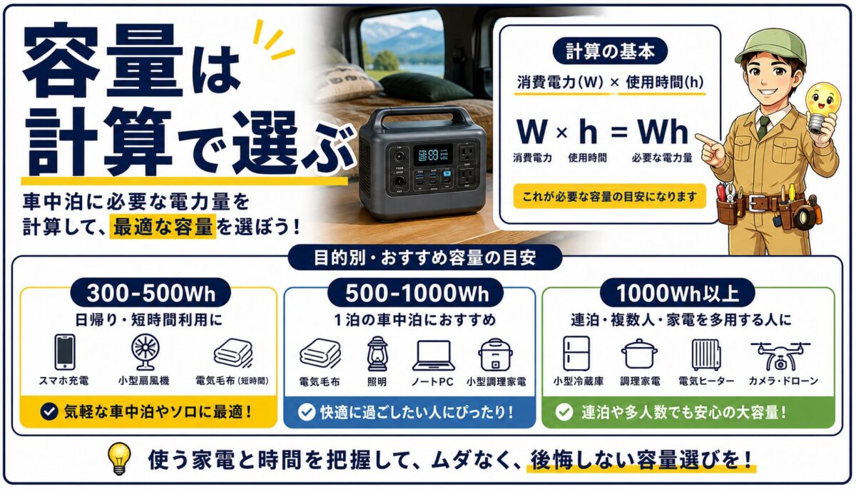 車中泊向けポータブル電源の容量選びと充電ノウハウを説明した図解画像