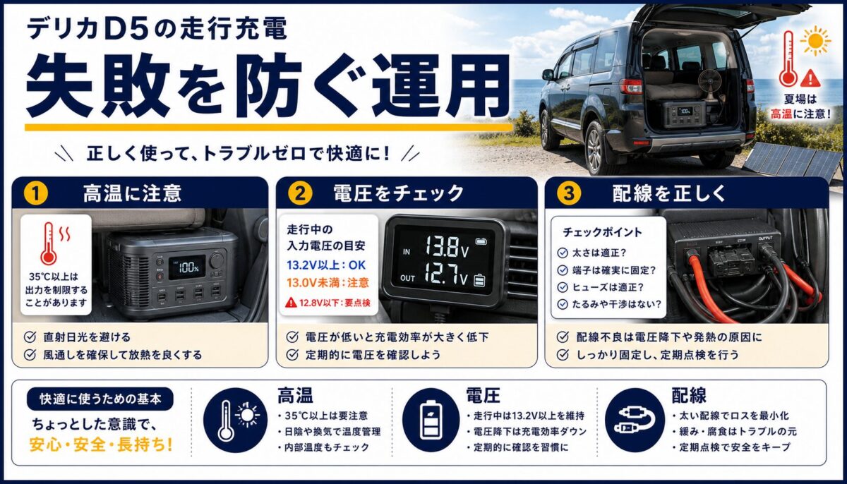 走行充電の失敗を防ぐ運用方法を説明した画像