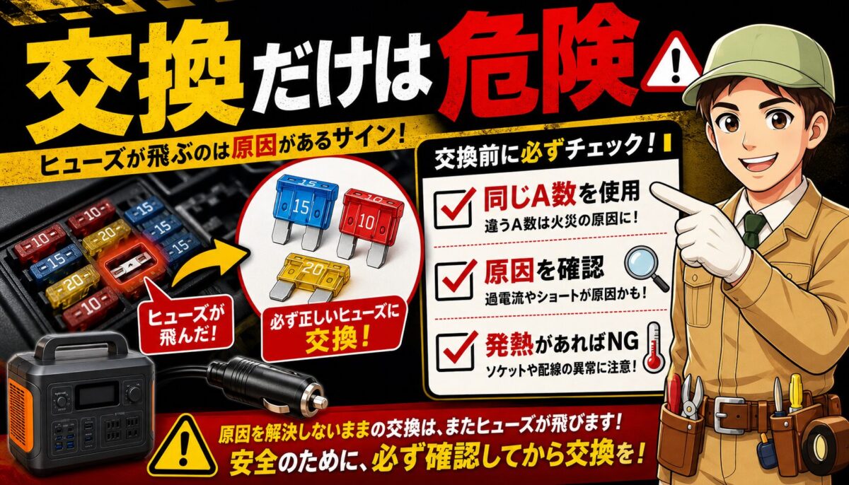 ヒューズ交換時に原因確認と同じ容量の使用が重要であることを示す画像