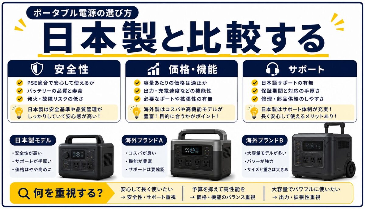 日本製と海外大手ポータブル電源を比較するための判断軸を示した画像