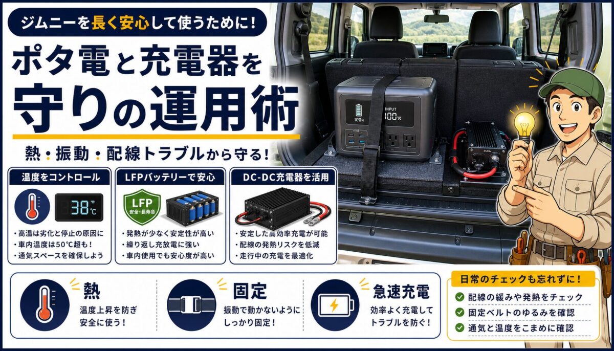 ジムニー車内でポータブル電源を守る運用方法の画像