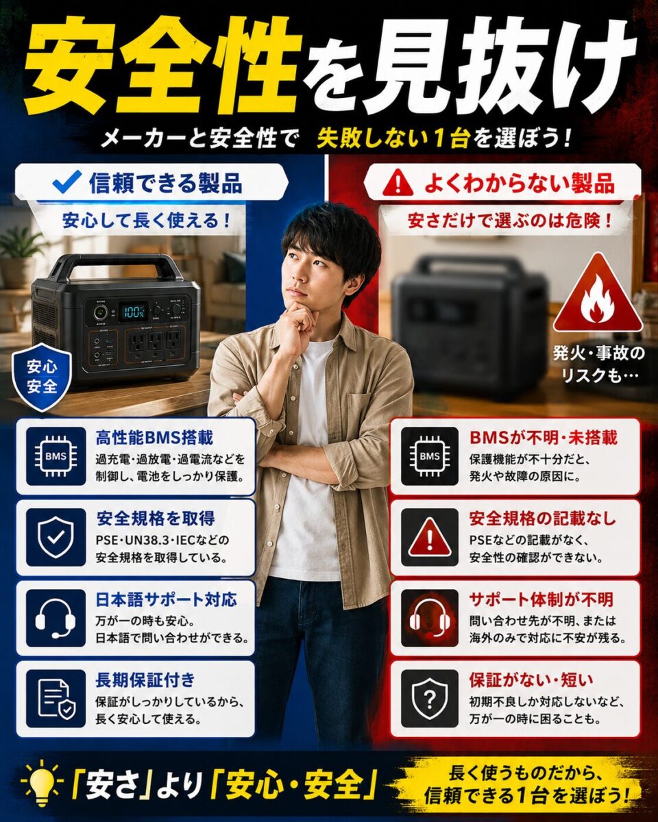 ポータブル電源のメーカー選びでBMS、安全規格、日本語サポート、保証を確認する重要性を示した図解
