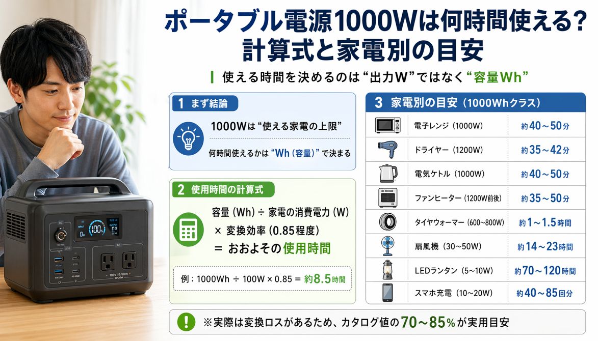 ポータブル電源1000Wで家電が何時間使えるかを、計算式と家電別の目安で解説した図解