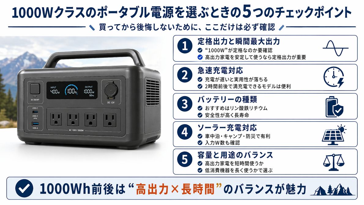 1000Wクラスのポータブル電源を選ぶときに確認したい定格出力や急速充電、バッテリー種類など5つのポイントをまとめた図解