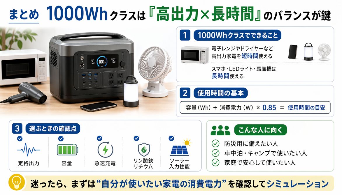 1000Whクラスのポータブル電源で使える家電や選び方の確認点をまとめた図解