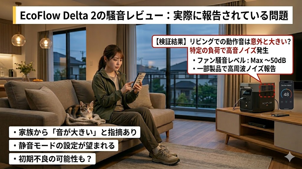 リビングでポータブル電源の騒音を気にする20代日本人女性と子猫