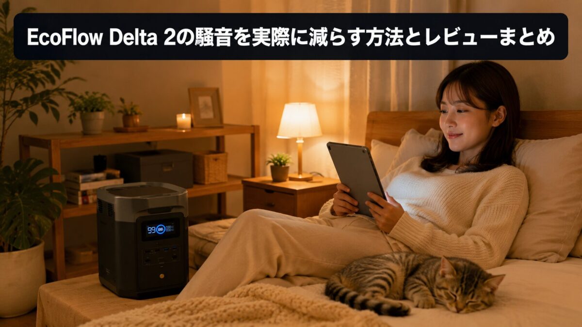 静かな室内で快適に使われるポータブル電源と女性