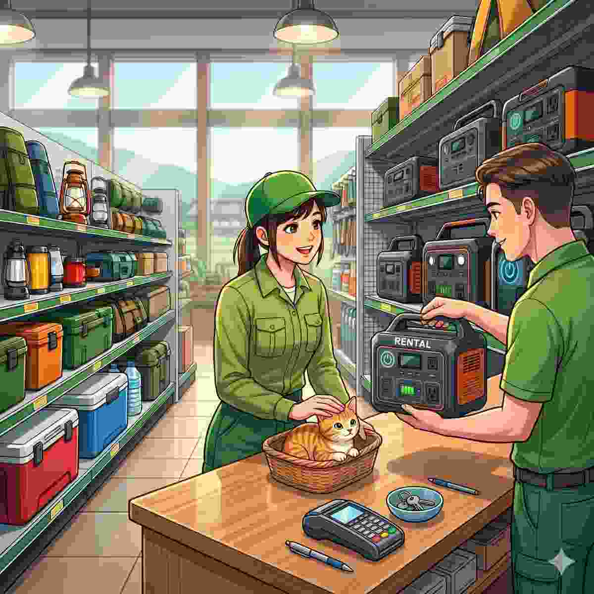 店舗サービスカウンターでポータブル電源を受け取る20代日本人女性とカウンターの子猫