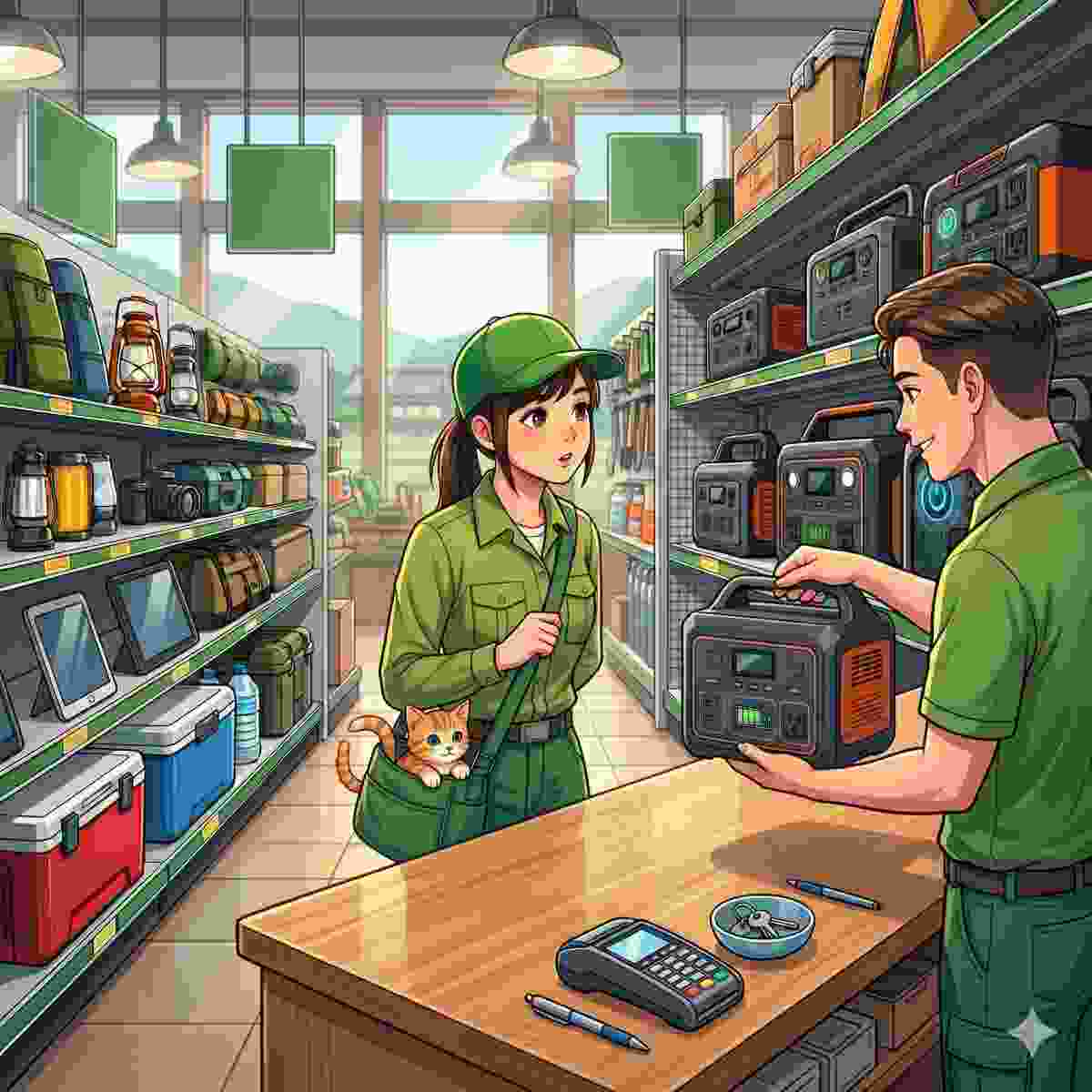 レンタルショップで電子機器棚を見る20代日本人女性とバッグから顔を出す子猫 H3-06