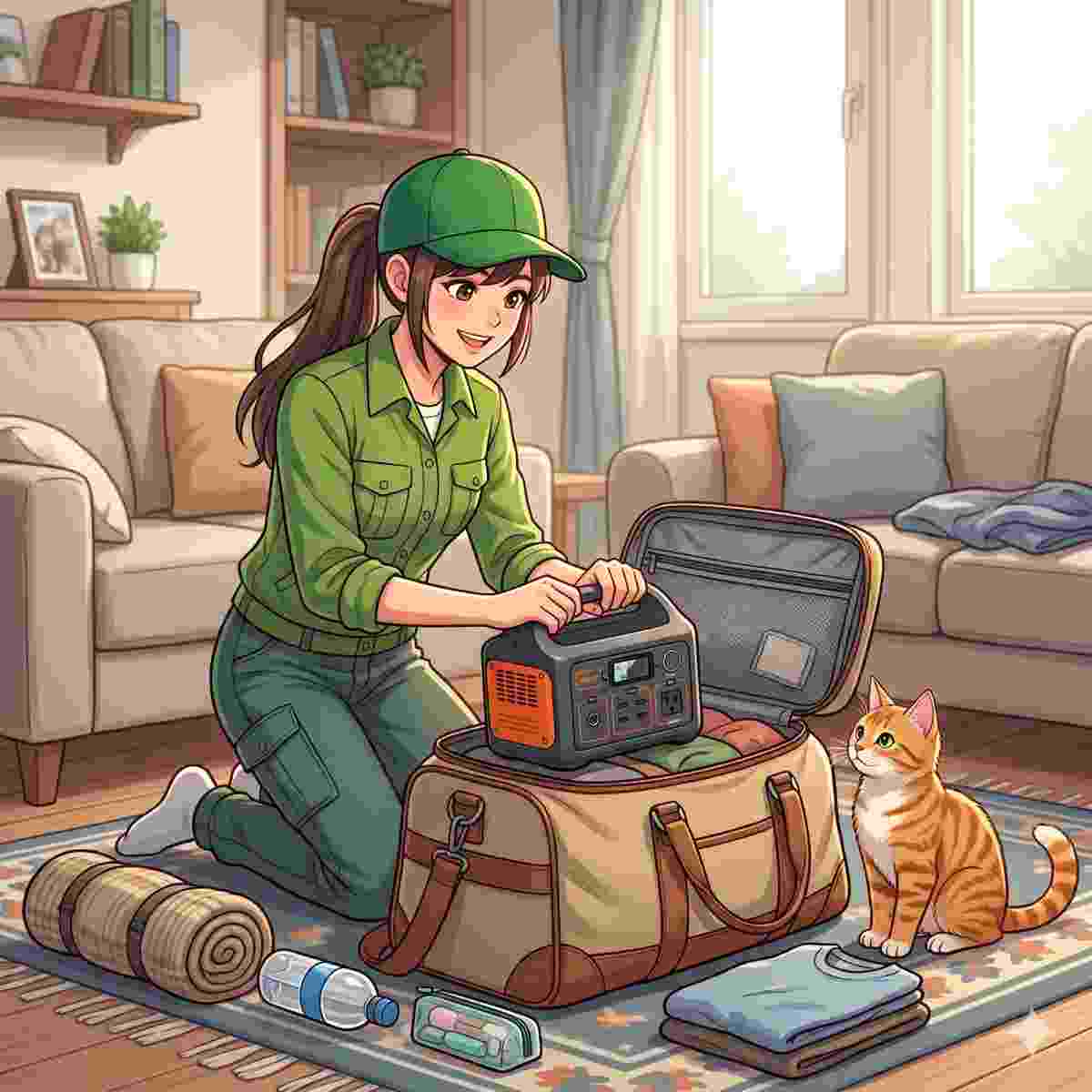 1泊旅行の荷造りをする20代日本人女性とそばで見守る子猫、ポータブル電源をバッグに入れる様子