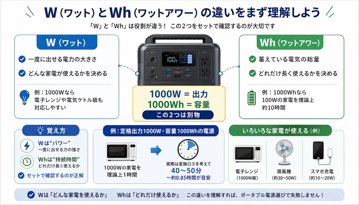 ポータブル電源のWとWhの違いを、出力と容量の役割としてわかりやすく説明した図解