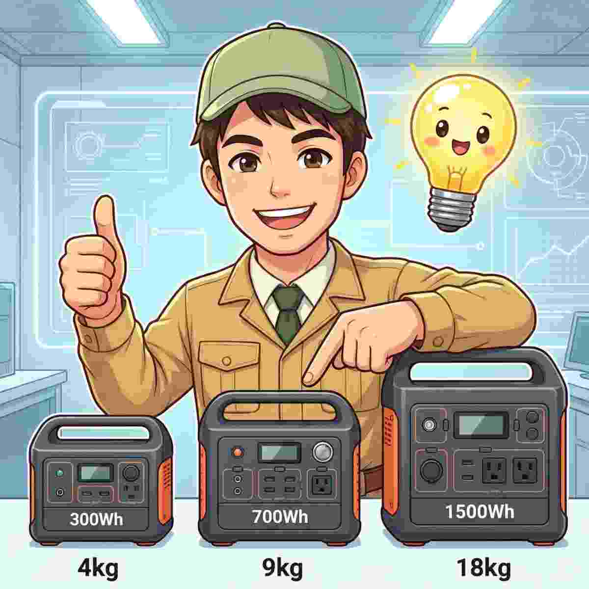 3サイズのポータブル電源を並べてジンデンが中型モデルを推薦しているアニメイラスト