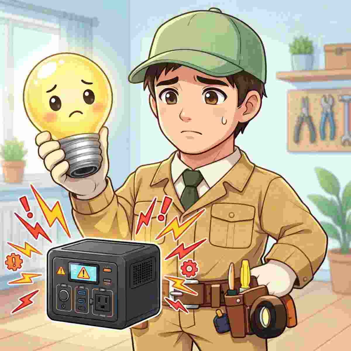 EcoFlow Delta 2の不具合・ファン騒音に困惑するジンデンのイラスト