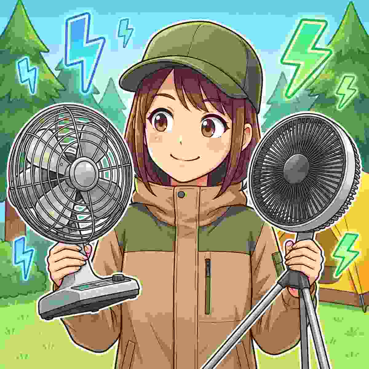 ACモーター扇風機とDCモーター扇風機を両手に持って比較する20代女性キャンパーのイラスト
