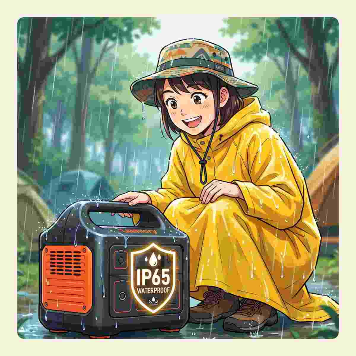 雨の中でIP65防水対応ポータブル電源を確認する女性キャンパーのイラスト