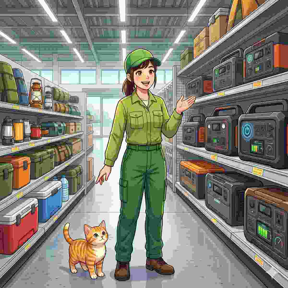 ホームセンターの売り場に立つ20代日本人女性と子猫、ポータブル電源が陳列された棚