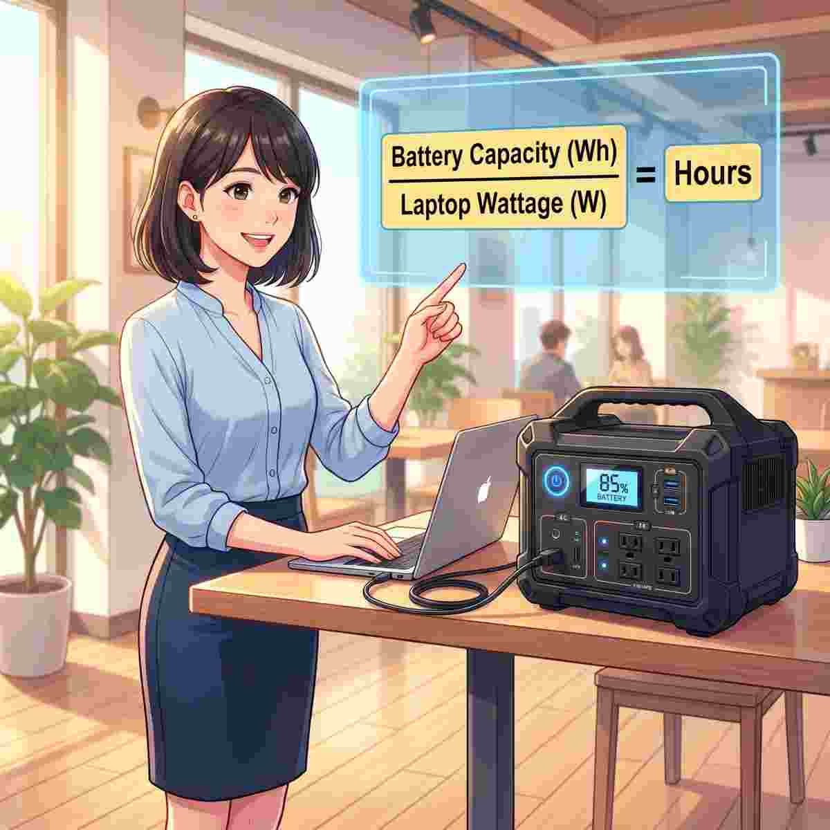 ポータブル電源の使用時間計算方法を説明する女性OLのイラスト