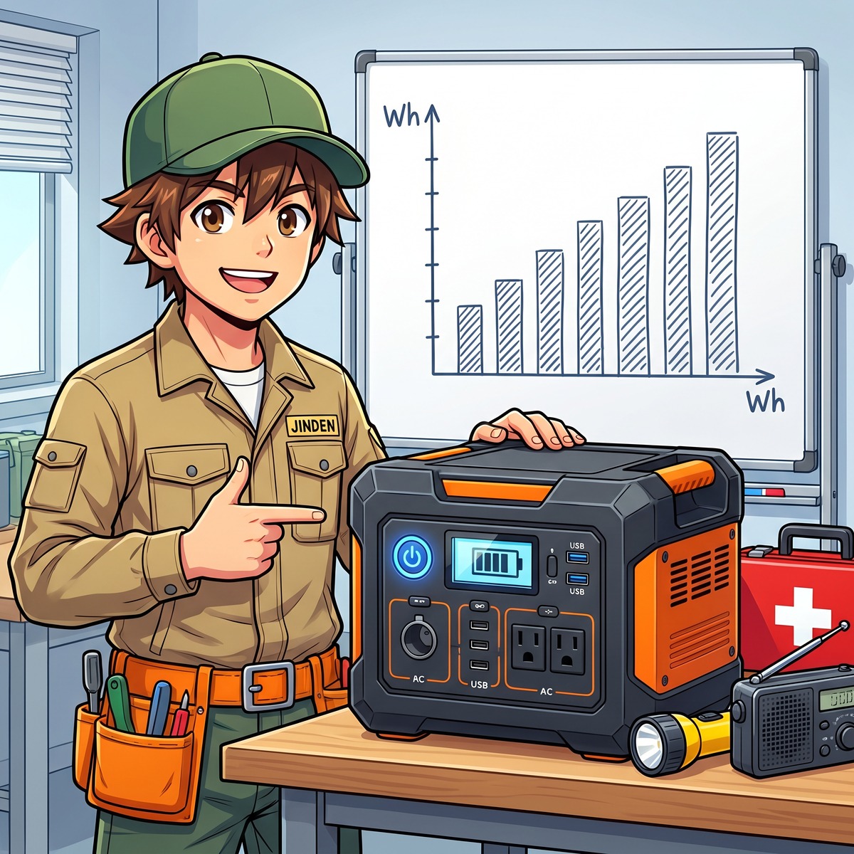 ポータブル電源の容量目安を示すグラフの前でジンデンが解説しているイラスト
