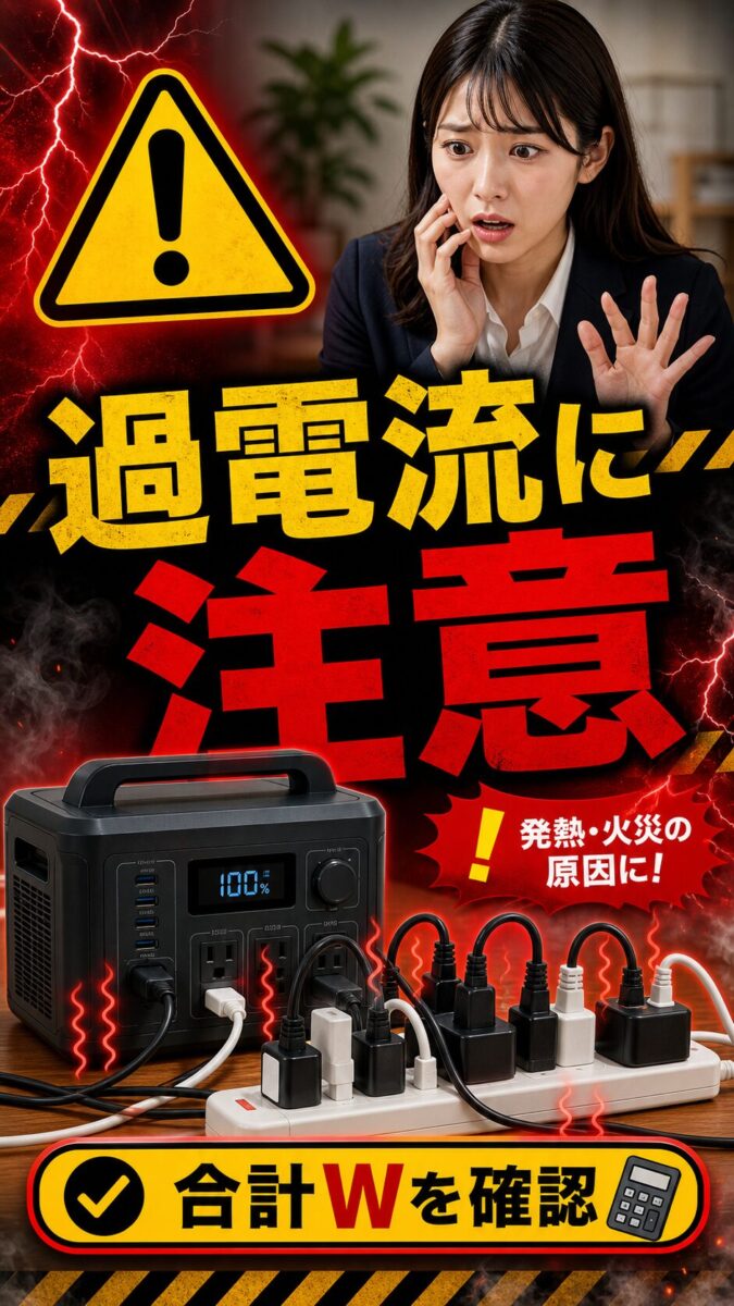 ポータブル電源へのタコ足配線で過電流が起きる危険性を説明した画像