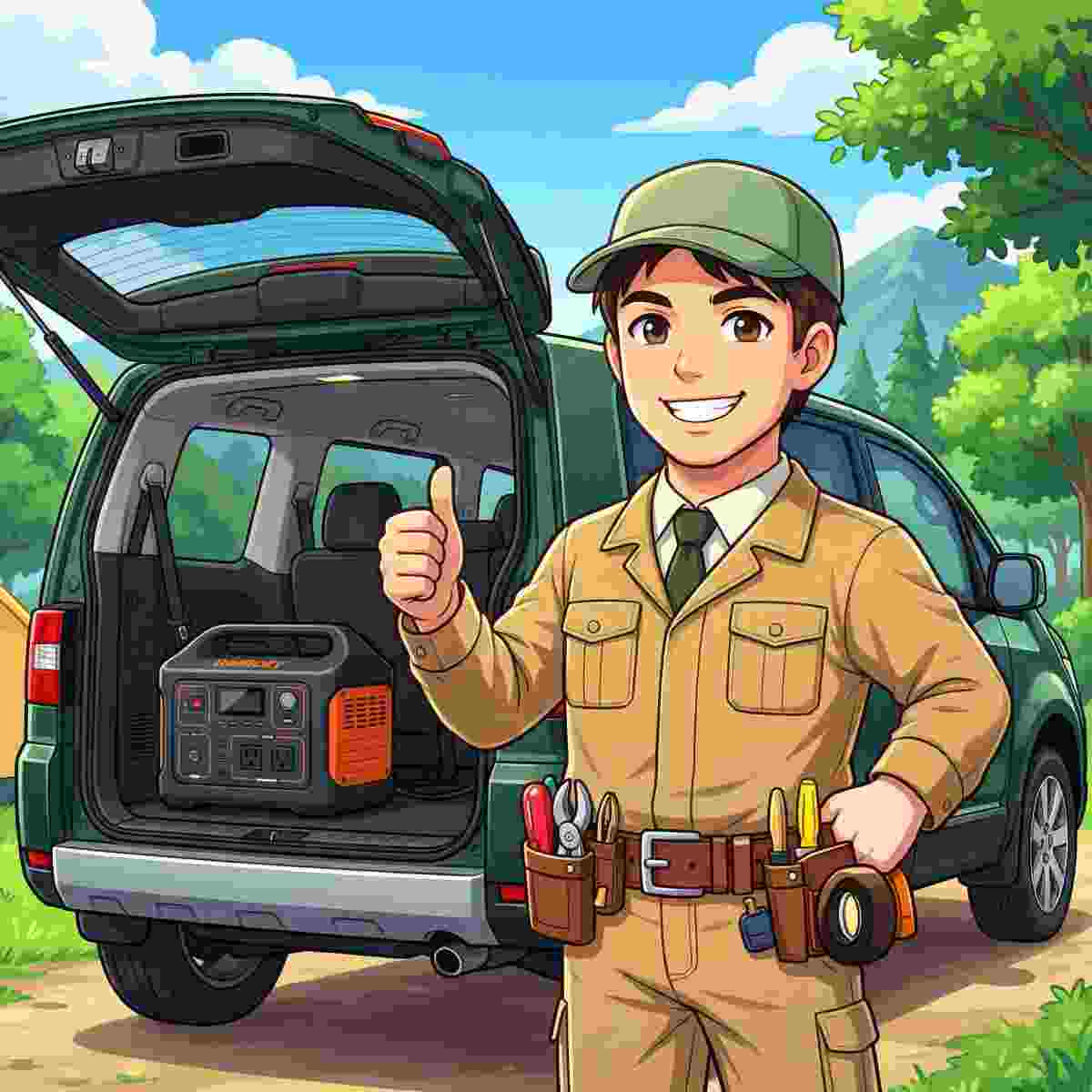 デリカD5のラゲッジスペースにポータブル電源を積んでサムズアップするジンデンのイラスト