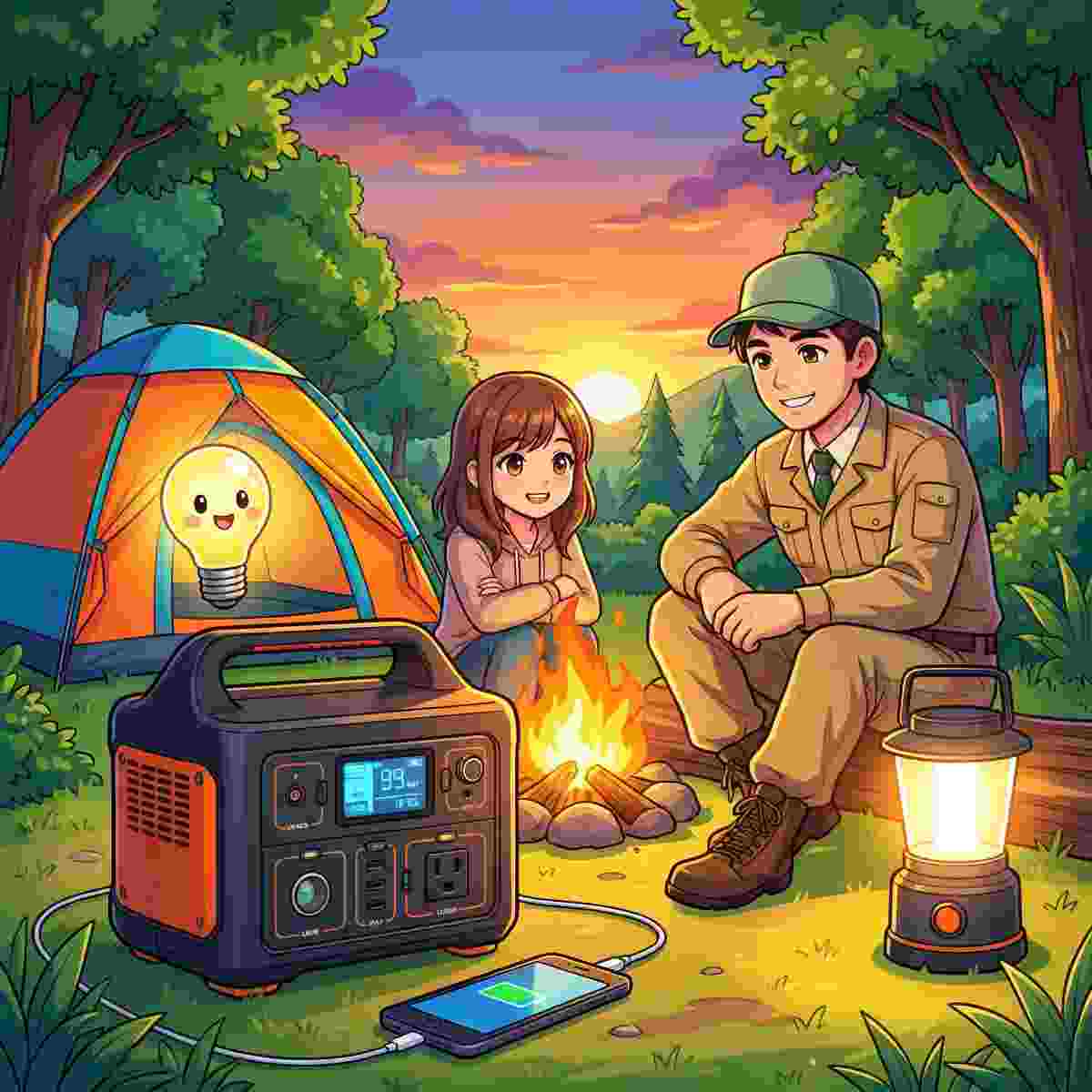 キャンプ場の夕暮れにジンデンと女性がポータブル電源でスマホとランタンを充電しているアニメイラスト