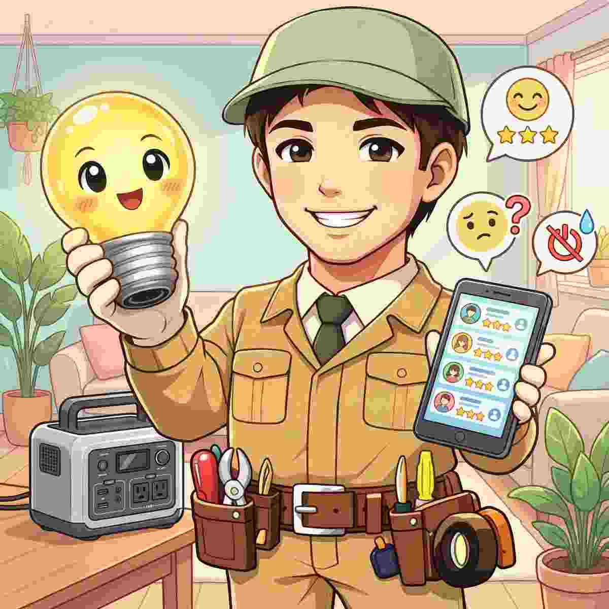 EcoFlow Delta 2 Maxの口コミをスマートフォンで確認するジンデンのイラスト