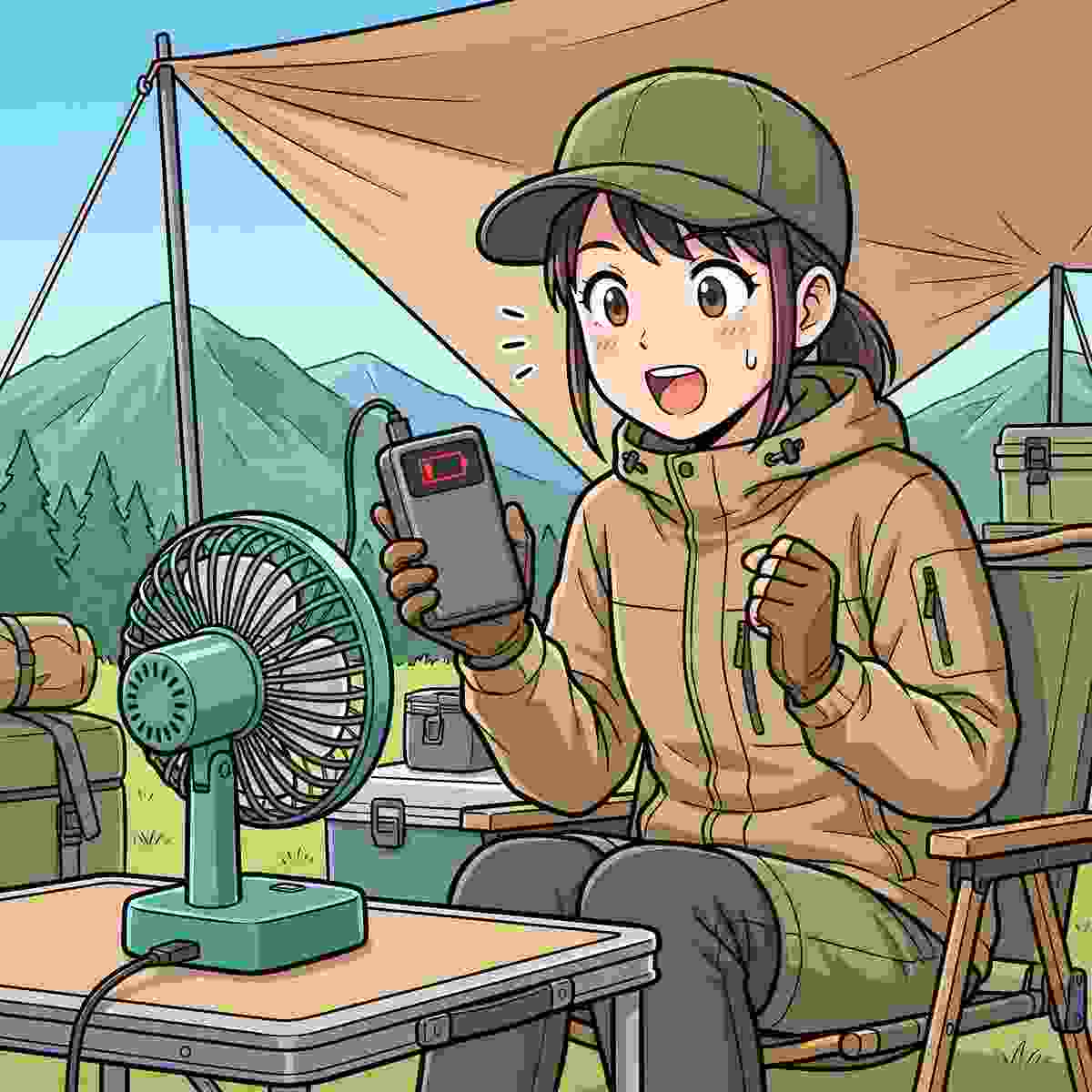 モバイルバッテリーの残量表示を見て驚く20代女性キャンパーとUSB扇風機のイラスト