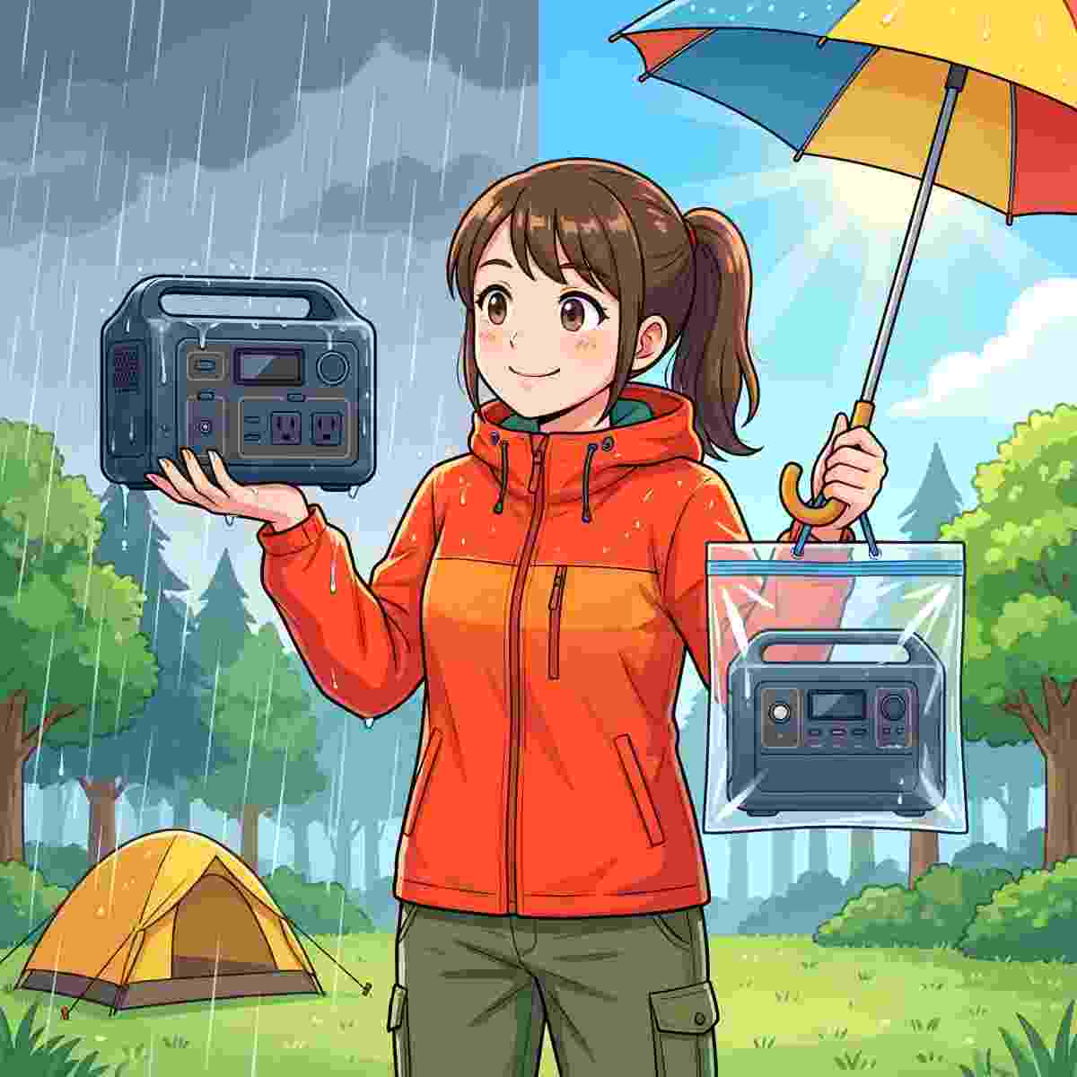 防水ケースあり・なしのポータブル電源を比較する女性キャンパーのイラスト