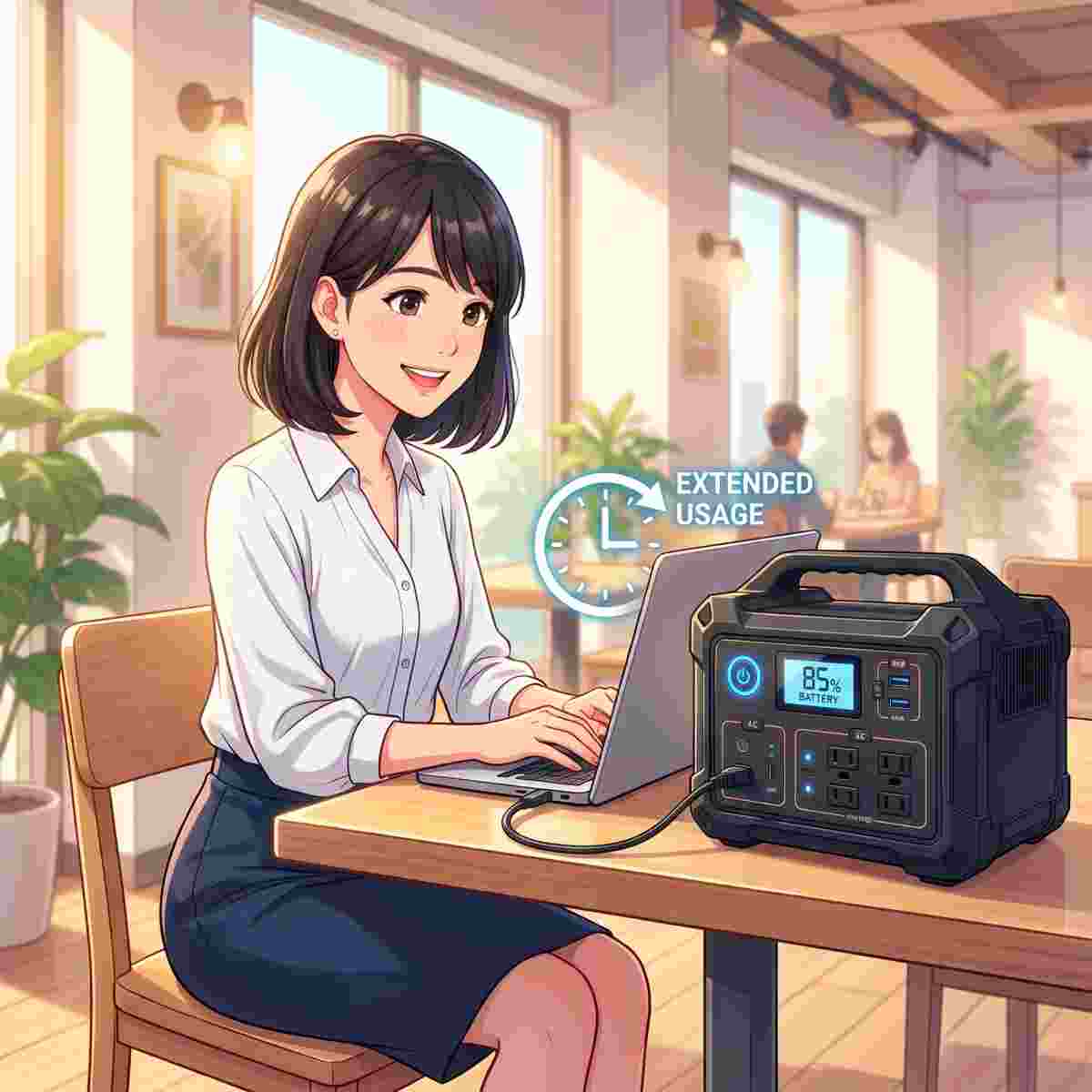 ポータブル電源400Whでノートパソコンを長時間使用する女性OLのイラスト