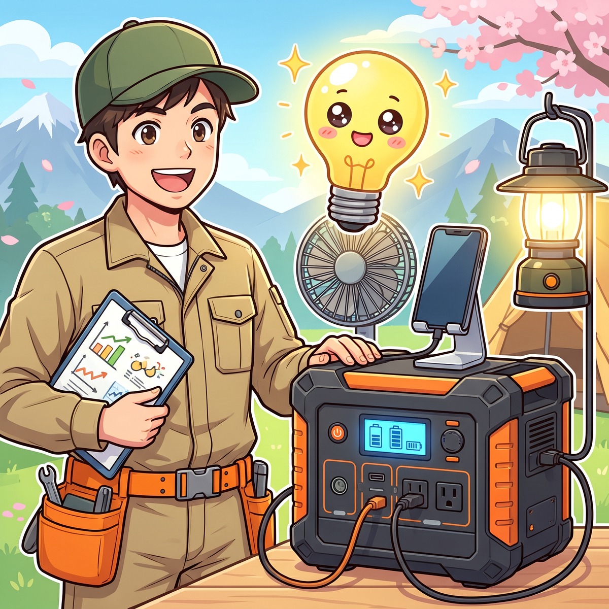 クリップボードを持ちポータブル電源に接続された家電の前に立つジンデンのイラスト