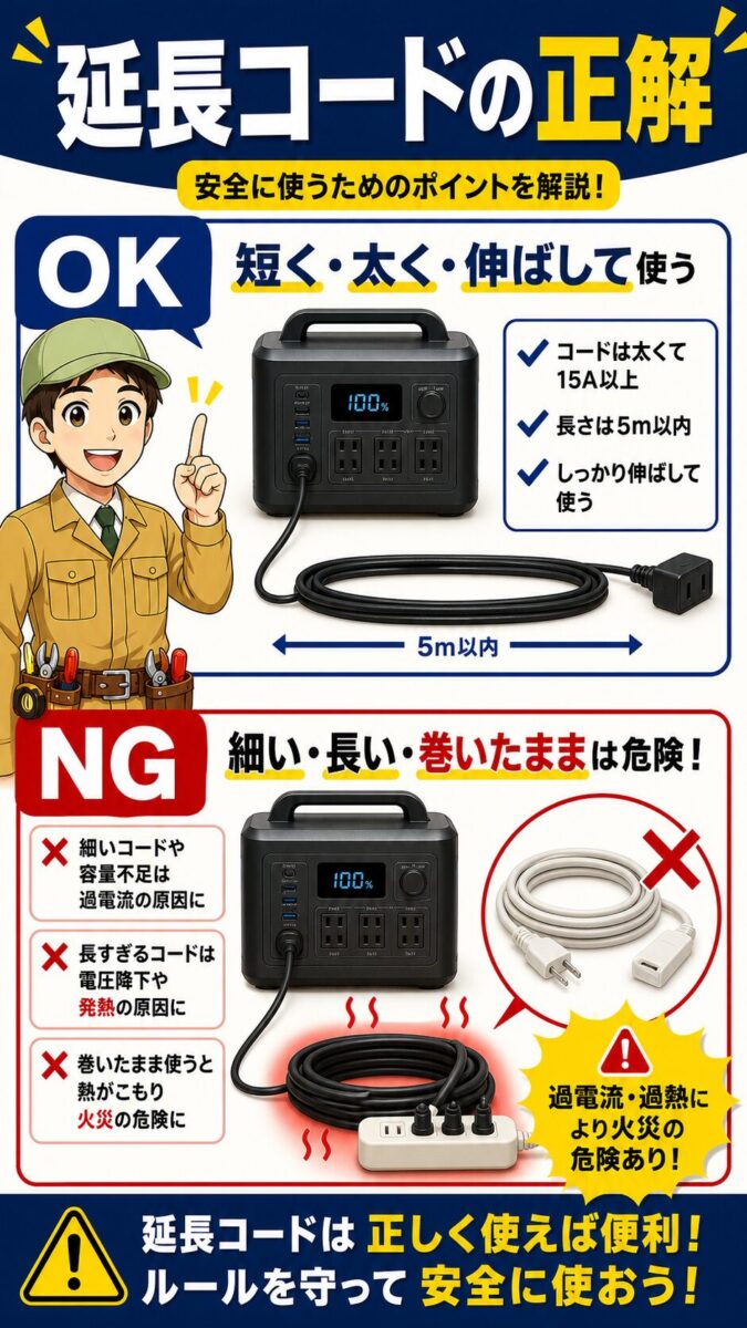 ポータブル電源に延長コードを使う時の安全な判断基準を説明した比較画像