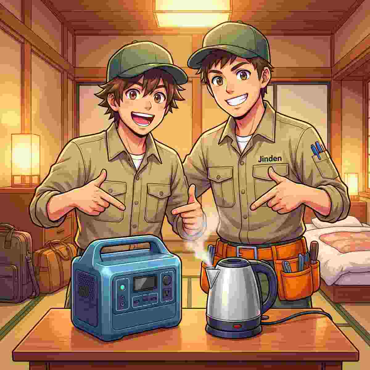ポータブル電源とコンパクト電気ケトルのおすすめ組み合わせを紹介するジンデンのイラスト