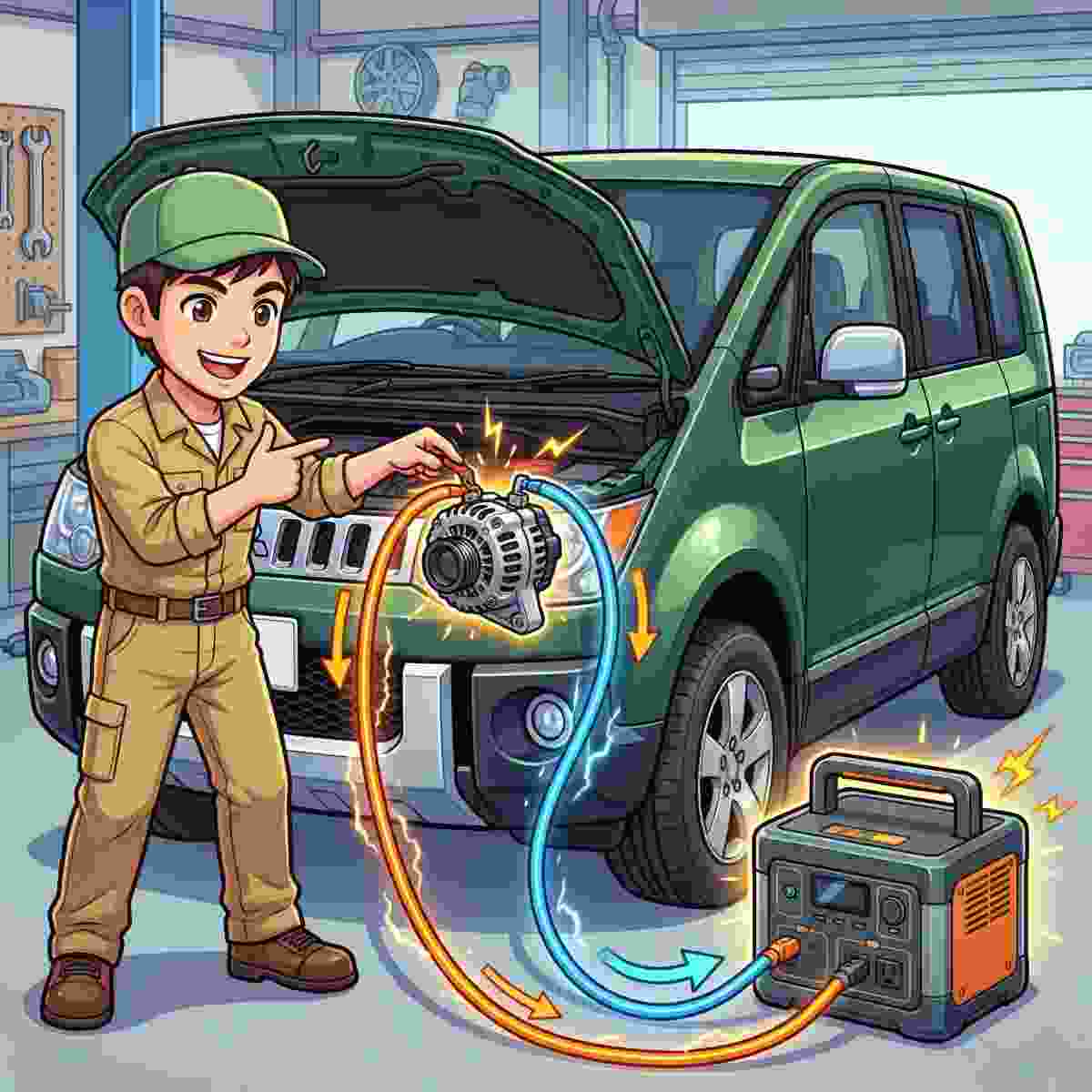 デリカD5のオルタネーターからポータブル電源へ電気が流れる仕組みを説明するジンデンのイラスト