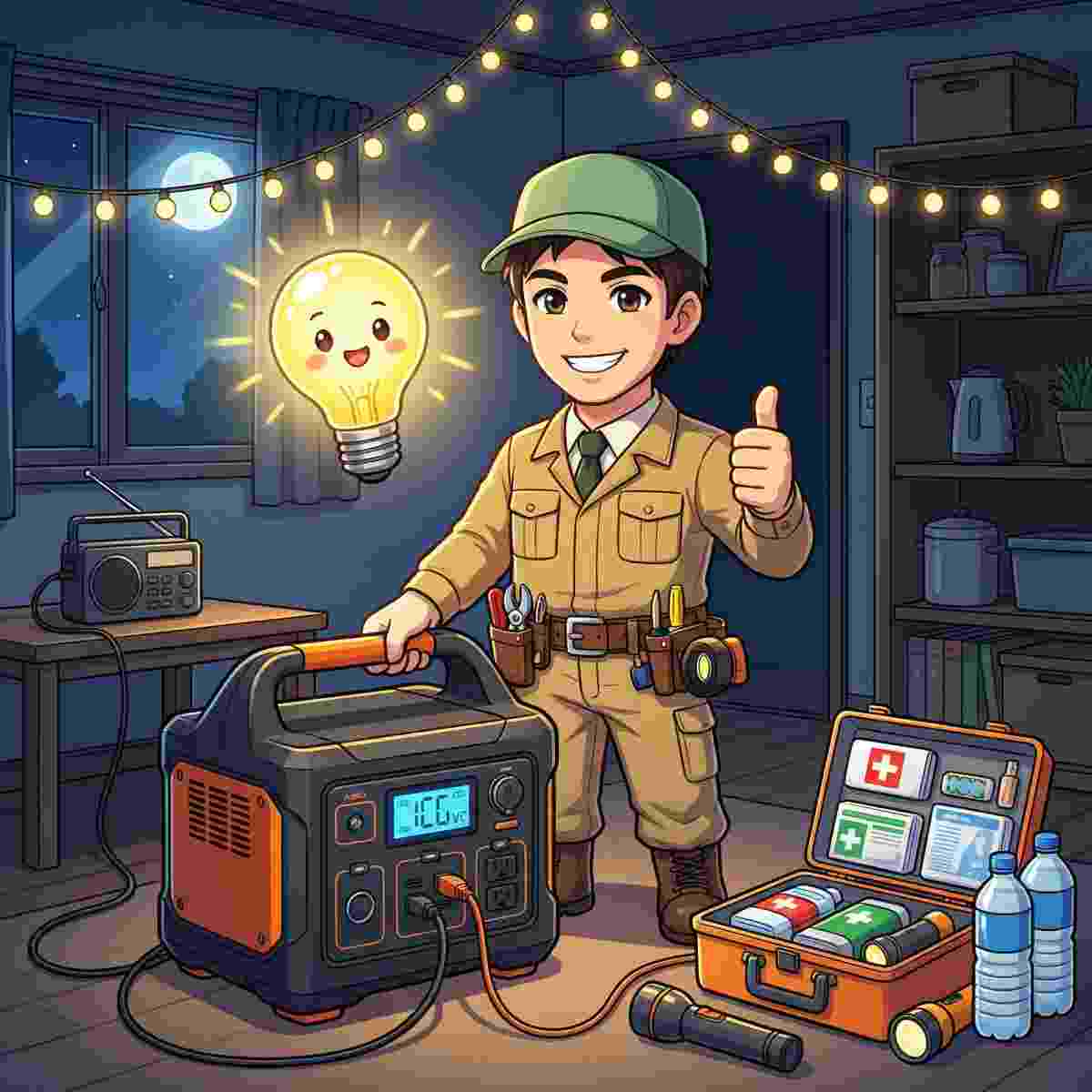 停電した夜の室内でジンデンがポータブル電源と防災グッズを準備しているアニメイラスト