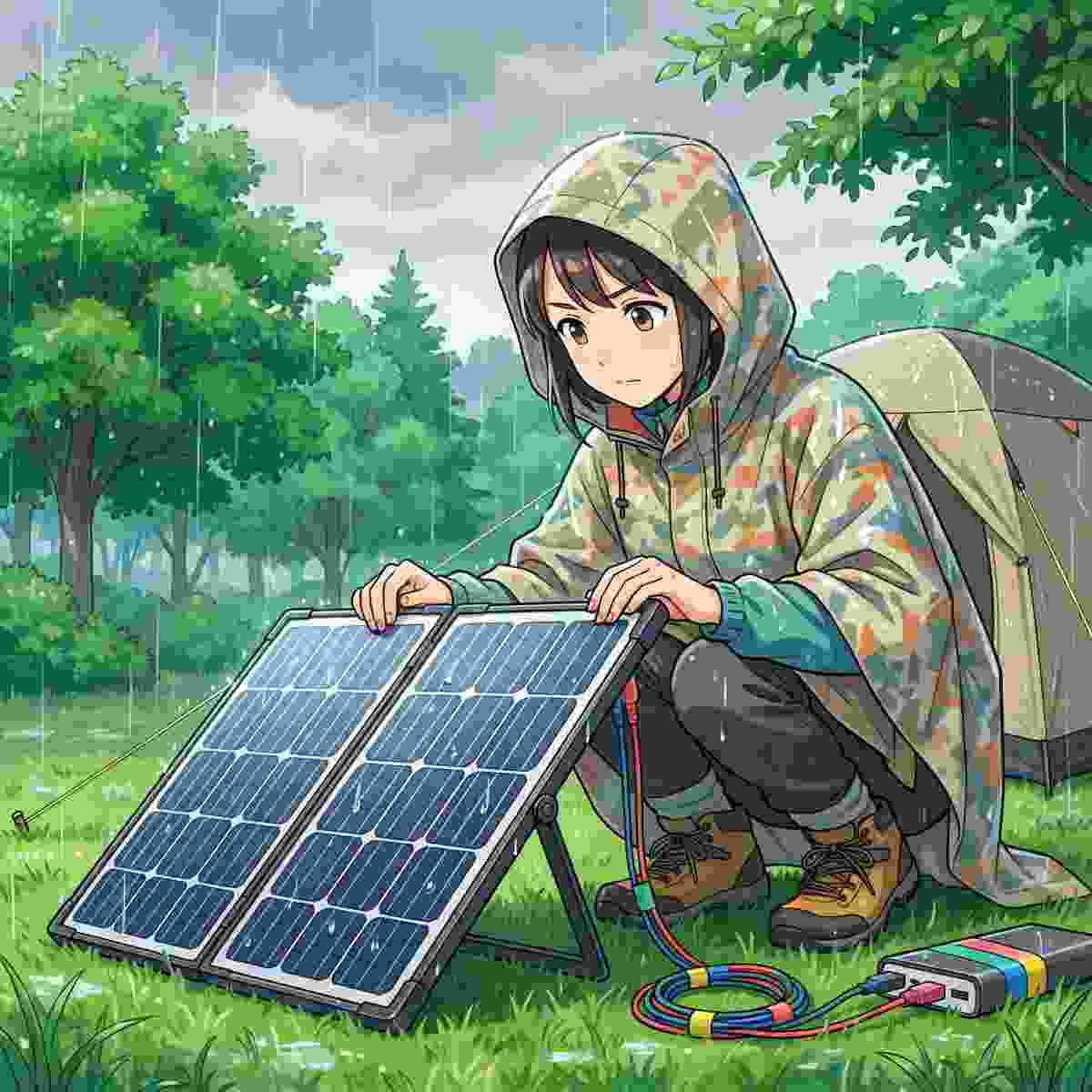 雨天のキャンプサイトでソーラーパネルの接続部を防水処理する女性キャンパーのイラスト