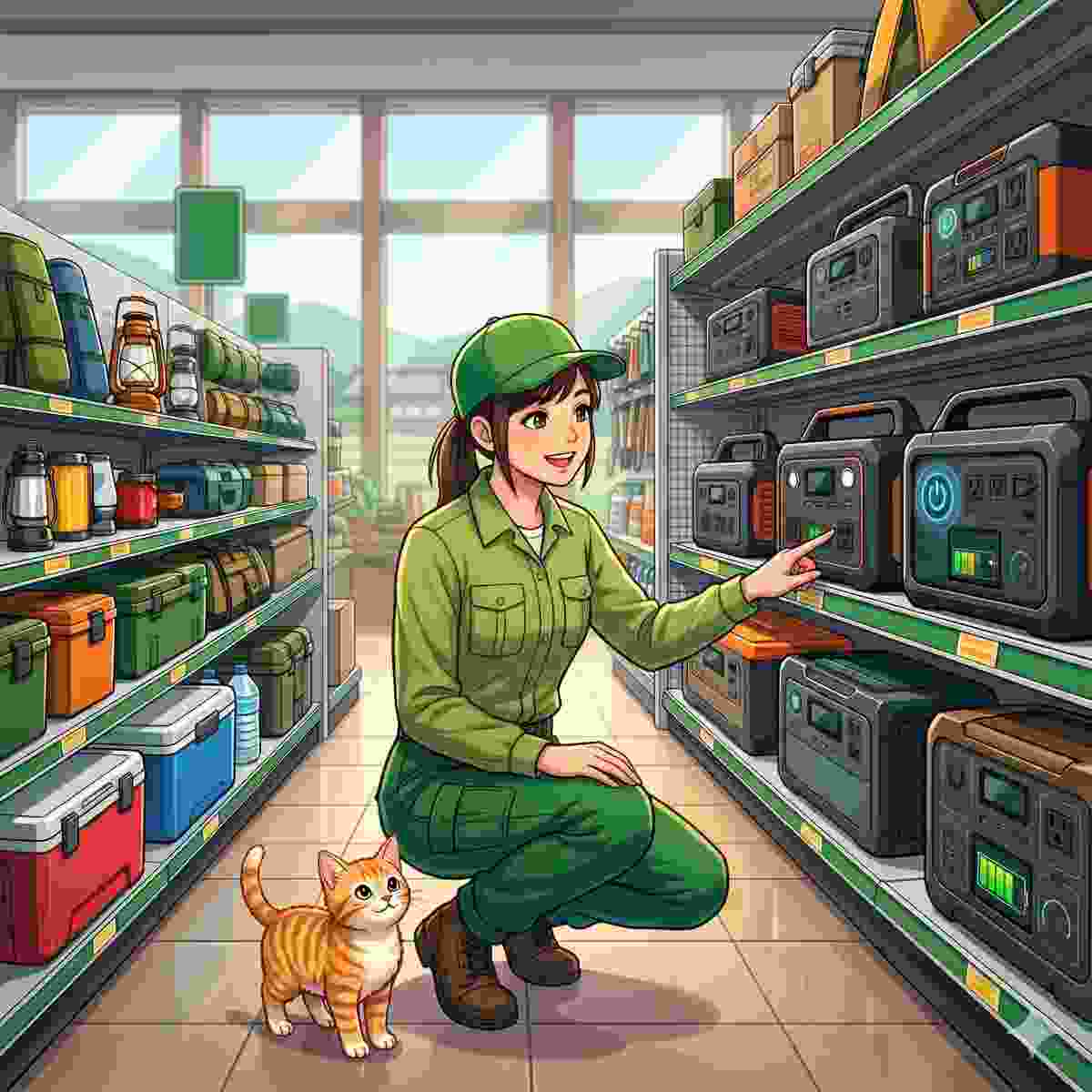 地方のホームセンターでポータブル電源を確認する20代日本人女性と床に座る子猫