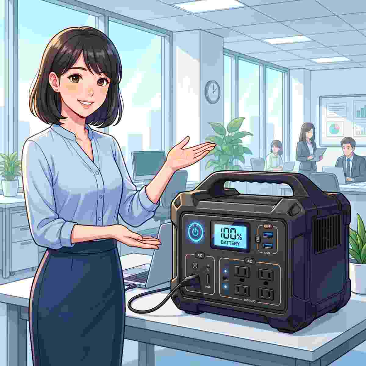 大容量ポータブル電源1000Whを紹介する女性OLのイラスト