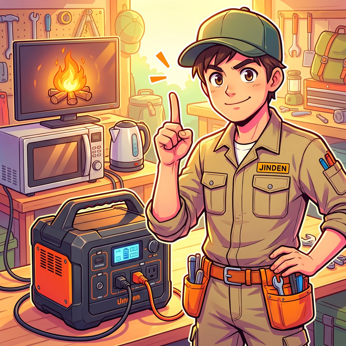 人差し指を立てて注意を促すジンデンと、ポータブル電源に接続された家電のイラスト