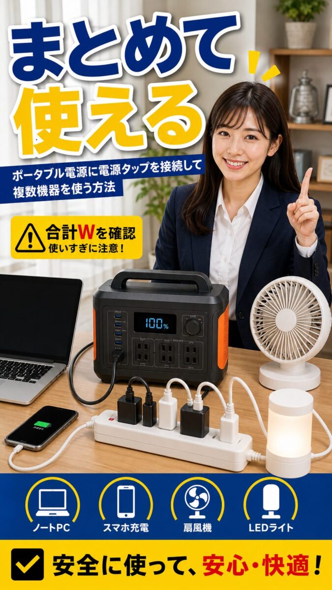 ポータブル電源に電源タップを接続して複数機器を安全に使う方法を示した画像