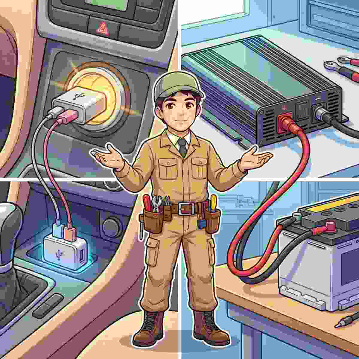 シガーソケット充電とDC-DC走行充電器を比較して説明するジンデンのイラスト